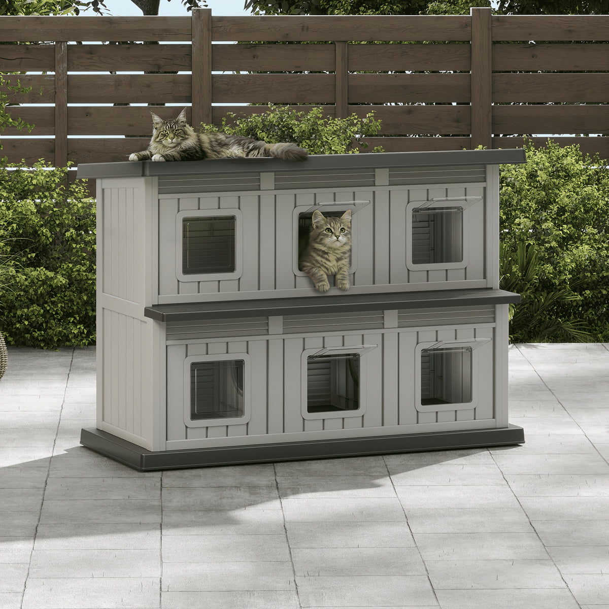 Double-Layer Stray Cat House - 2-Story Outdoor/ Cat Shelter with Large Cozy Space, Multiple Small Windows for Ventilation, Easy Assembly Solid Structure, Gray-Black for stray & feral cats (No Required)