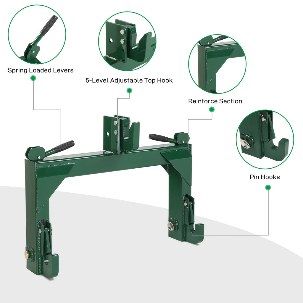 3-Pt Quick Hitch Adapter Category 1 & 2 Tractor, 3000 lb Lift, Adjustable Steel Bolt, Green Powder Coated (OEM Replacement)