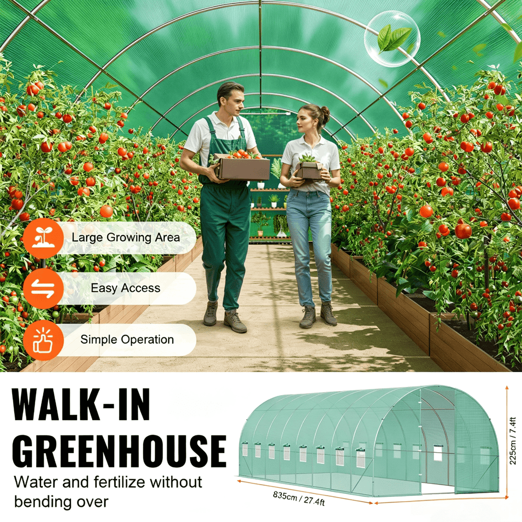 VEVOR Walk-in Tunnel Greenhouse 19.36x9.68x7.4/27.38x9.5x7.38ft Galvanized Frame PE Cover Green (No Door)
