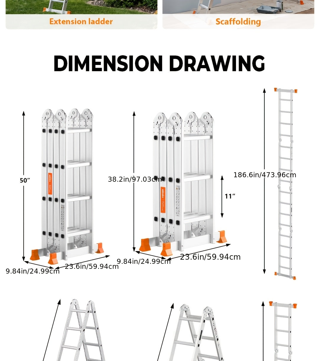 7-in-1 Foldable Convertible Aluminum Ladder, Dual Size Options M(139.4 Inch)/L(186.6 Inch) with Different Extended Length, Heavy-Duty Construction, Wear-Resistant Non-Slip Design, Sturdy Support Structure, Practical Extension Ladder for Indoor