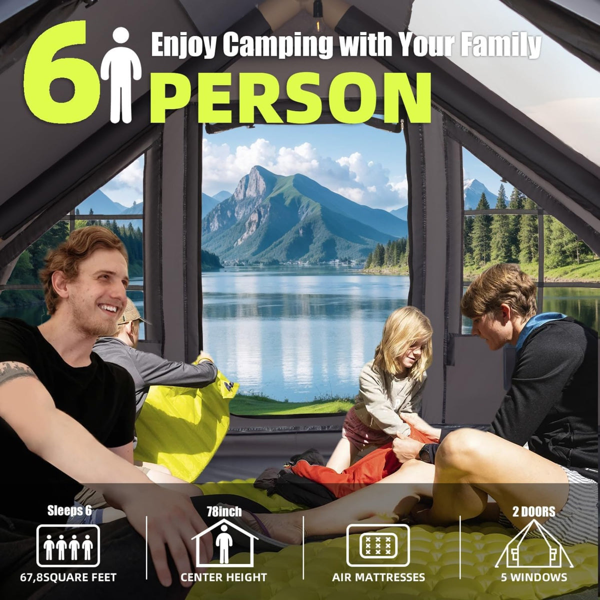 Inflatable Camping Tent, with Electric Air Pump, 4 Season Windproof, Clear Skylight & 420D Oxford, Air Tent with Mesh Windows/Doors
