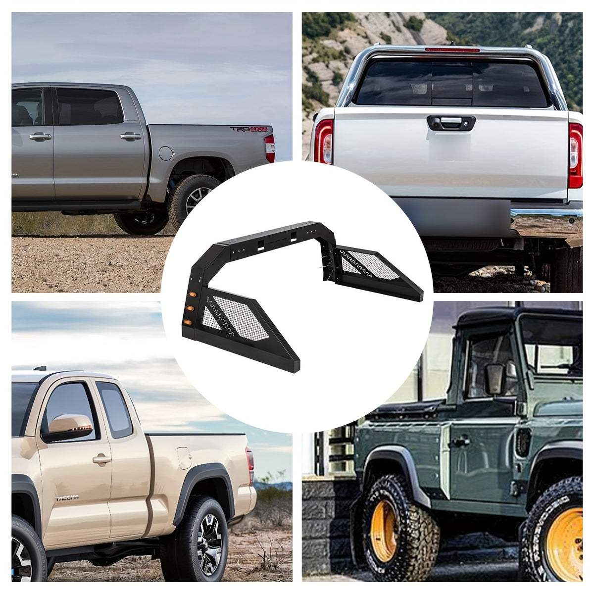 Truck Roll Bar Chase Rack Universal Compatible With Pickup, 6 Amber Auxiliary Side Marker Lamps, Adjustable Sport Roll Bar No Drilling Fine Textured Black