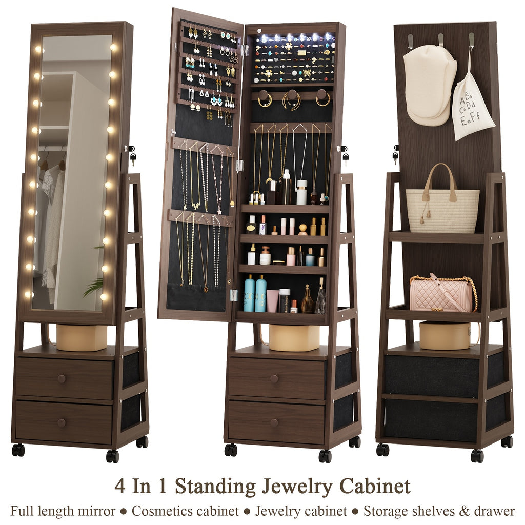Jewelry Armoire Cabinet Organizer Standing with 20 LED Lights Lockable Full Length Mirror with Storage Shelves And 2 Drawers (White) Adjustable Tilt Angles Gift for Her, Jewelry Armoires