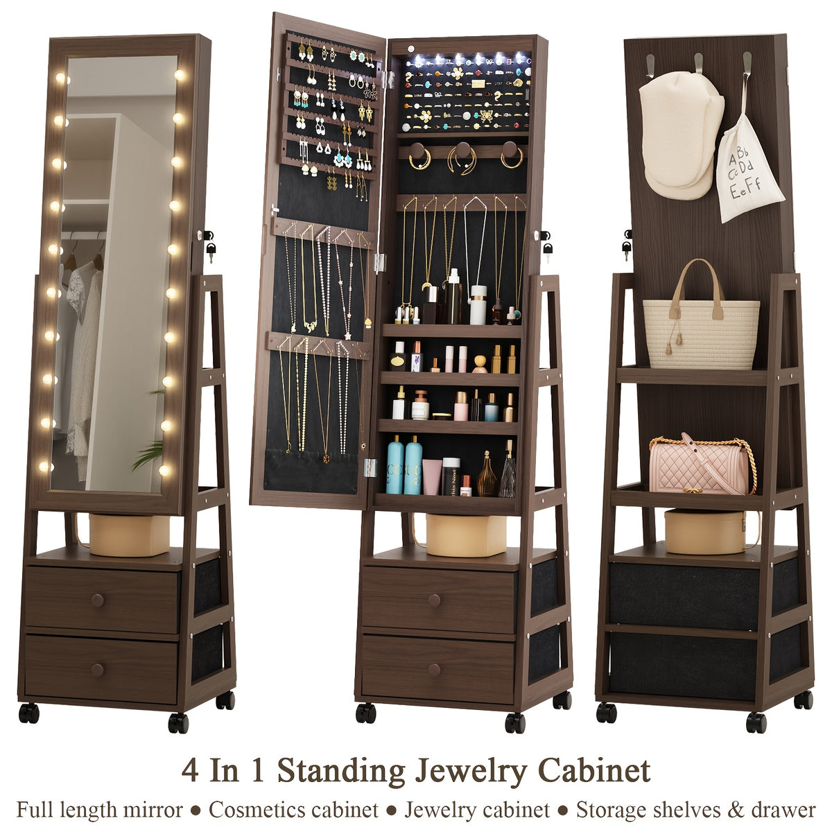 Jewelry Armoire Cabinet Organizer Standing with 20 LED Lights Lockable Full Length Mirror with Storage Shelves And 2 Drawers (White) Adjustable Tilt Angles Gift for Her, Jewelry Armoires