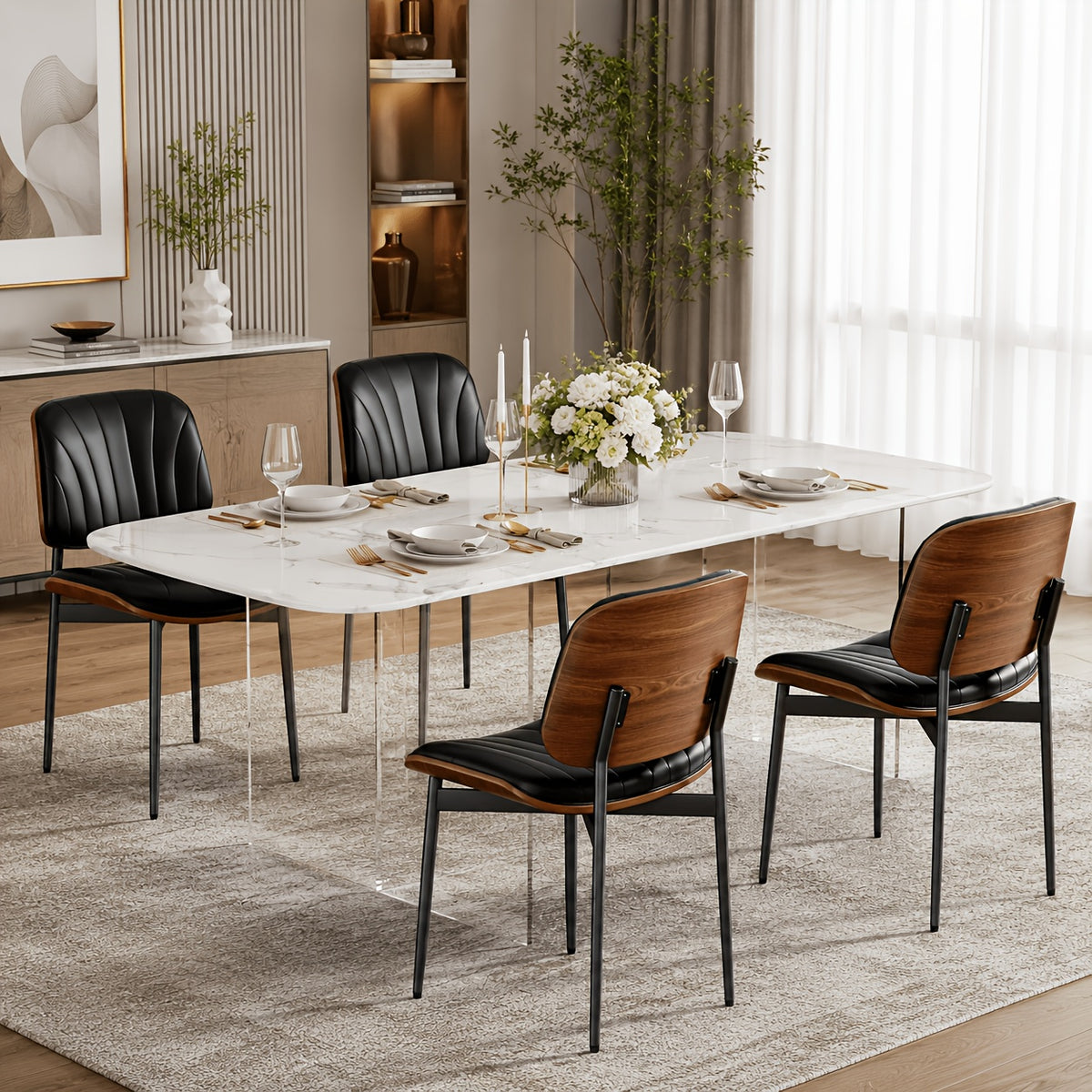 Set Of 2 Modern Faux Leather Dining Chairs, Padded Seat & Backrest, Metal Legs with Adjustable Feet, for Kitchen, Dining Room, Office