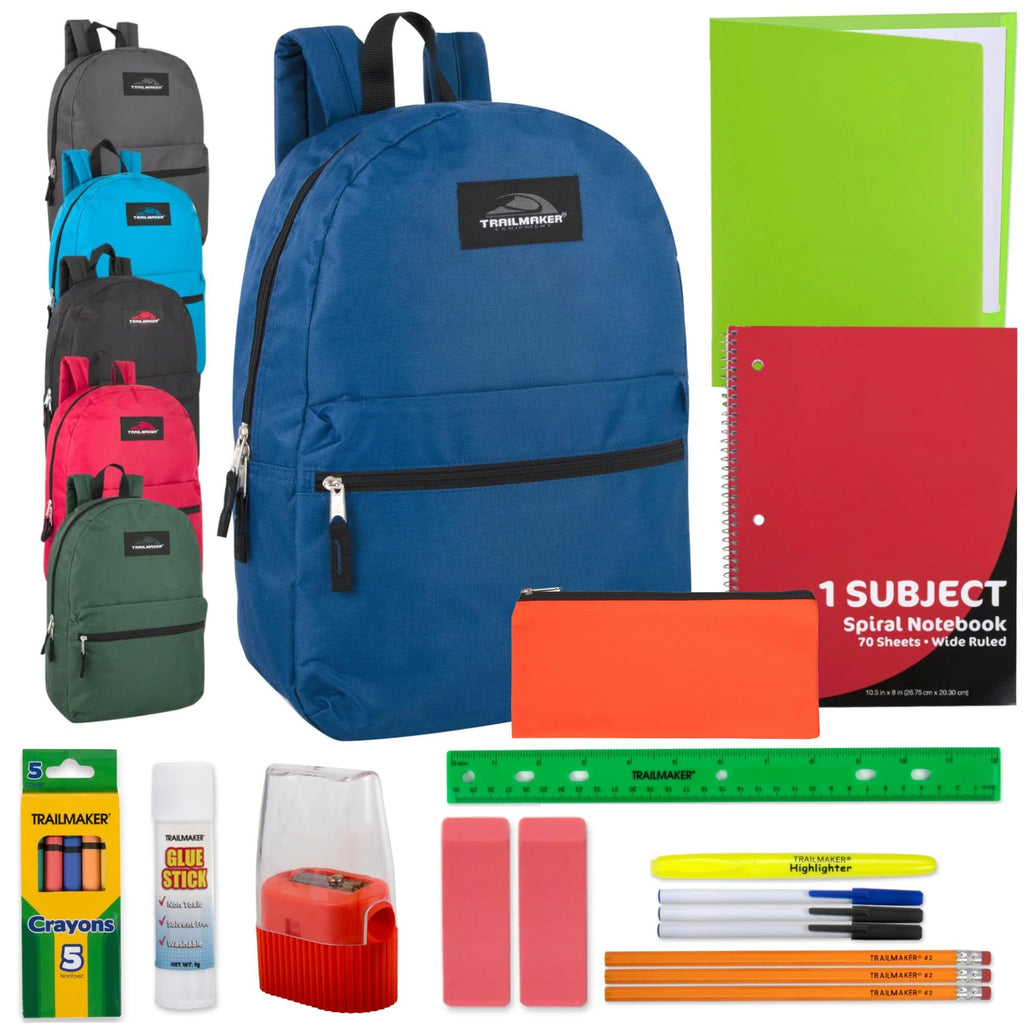 24 Pack of 17”L Classic Traditional Color Backpacks with 20 Piece Stationary Kits Containing 1 Notebook, 1 Folder, 3 Pencils, 3 Pens, 1 Pencil Sharpener, 2 Erasers & More!