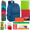 24 Pack of 17”L Classic Traditional Color Backpacks with 20 Piece Stationary Kits Containing 1 Notebook, 1 Folder, 3 Pencils, 3 Pens, 1 Pencil Sharpener, 2 Erasers & More!