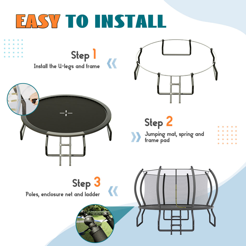 Indoor Outdoor Trampoline for Teenagers, 8ft/10ft/12ft/14ft/15ft/16ft with Safety Enclosure Net, Pop-up Quick Connector Frame, Basketball Hoop Optional, Includes Ladder, Blue/Black Backyard Jumping Trampoline