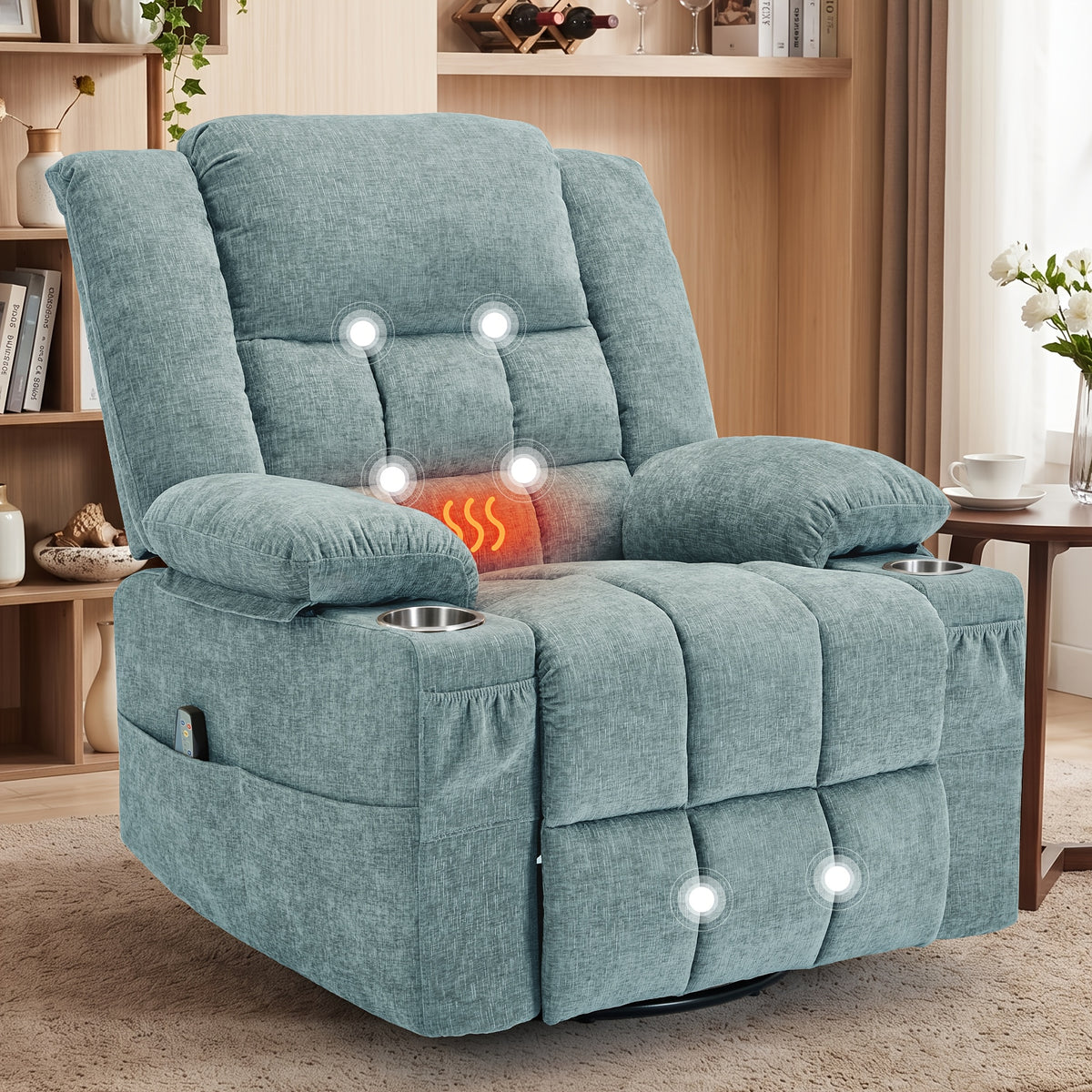 Swivel Recliner Chair for Adults with Massage and Heat — A 360° Rocking Seat for Living Rooms and Bedrooms