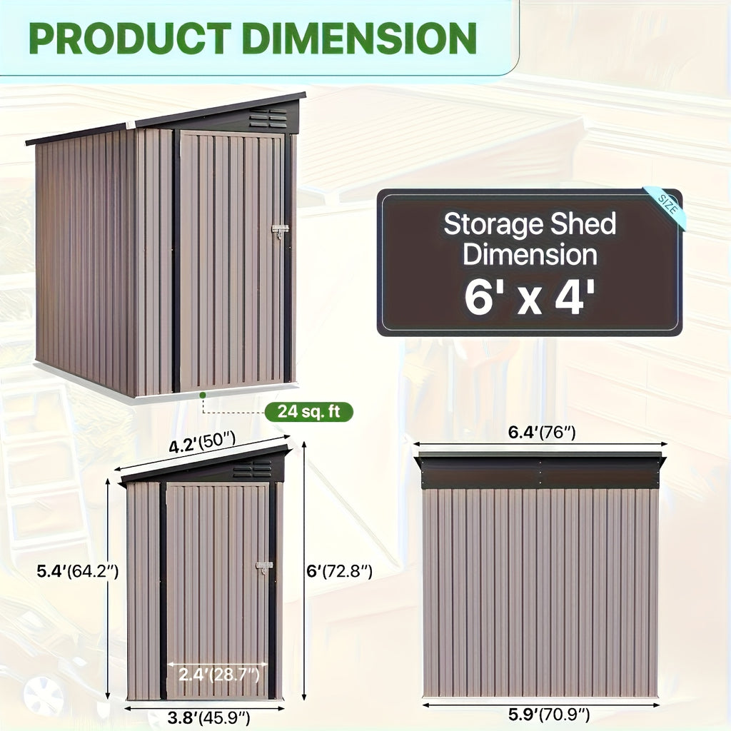 6' X 4' Metal Lean-to Storage Shed, Outdoor Side Storage Cabinet for Patio, Garden, And Lawn (Brown)