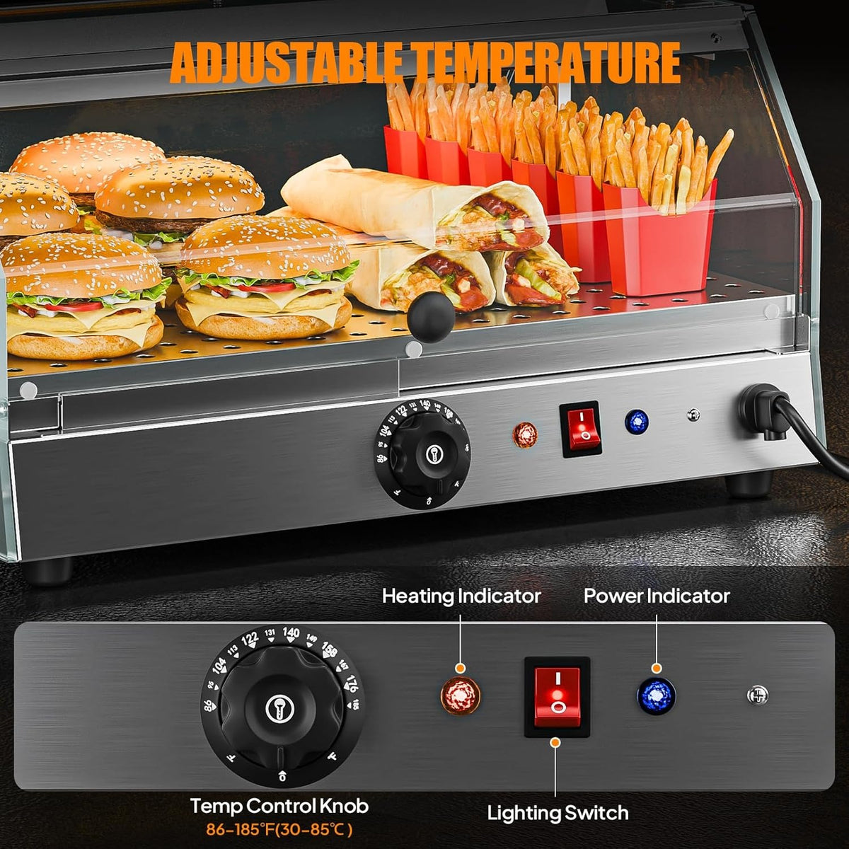 2-Tier Food Warmer Pizza Warmer Countertop, Food Warmer Display Pretzel Warmer with LED Lighting Front and Rear Doors, Electric Catering Hot Box Acrylic for Buffet Restaurant Cafe