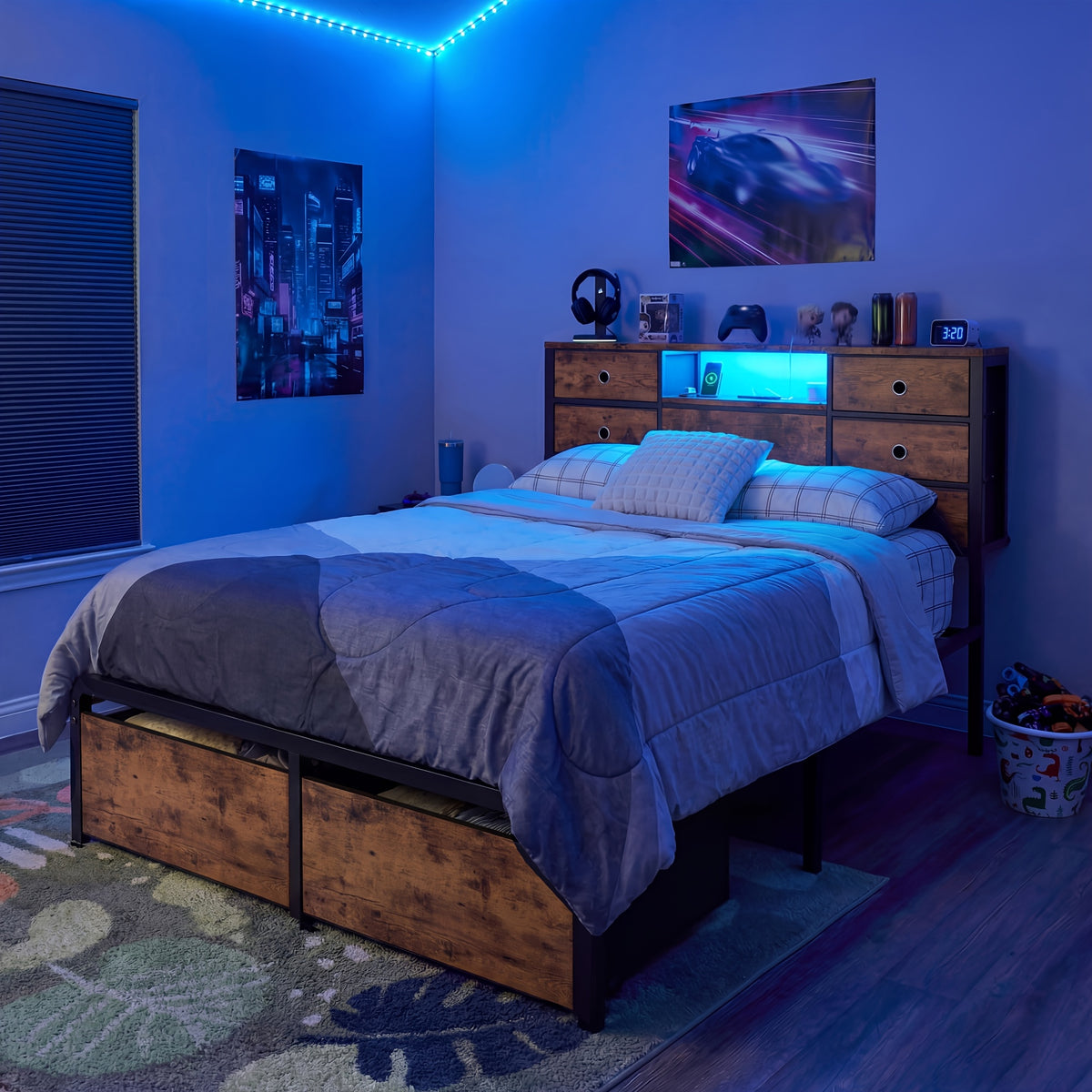 Reinforced Metal Storage Bed Frame King/Queen/Full, 8/9 Drawers & Headboard Storage, Multi-Color LED & Charging Station, Strong Load-Bearing, Noiseless, Easy Assembly, Black/Tiger Brown