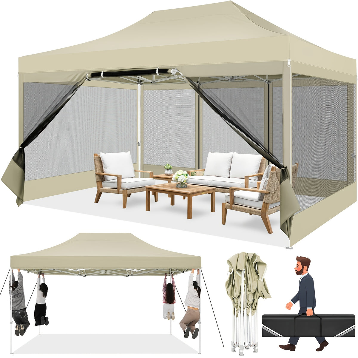 10x15ft Pop Up Tent, Canopy with Side Walls and Mesh, Includes Handbag, Enhanced Construction for Strength & Stability, Easy Setup, Perfect for Parties in Gardens, Lawns, Terraces, and Outdoor Festivals