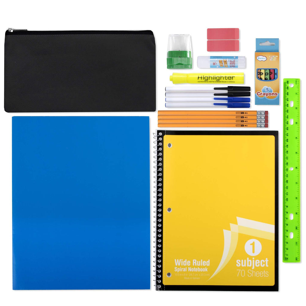 24 Pack of 17”L Classic Traditional Color Backpacks with 20 Piece Stationary Kits Containing 1 Notebook, 1 Folder, 3 Pencils, 3 Pens, 1 Pencil Sharpener, 2 Erasers & More!