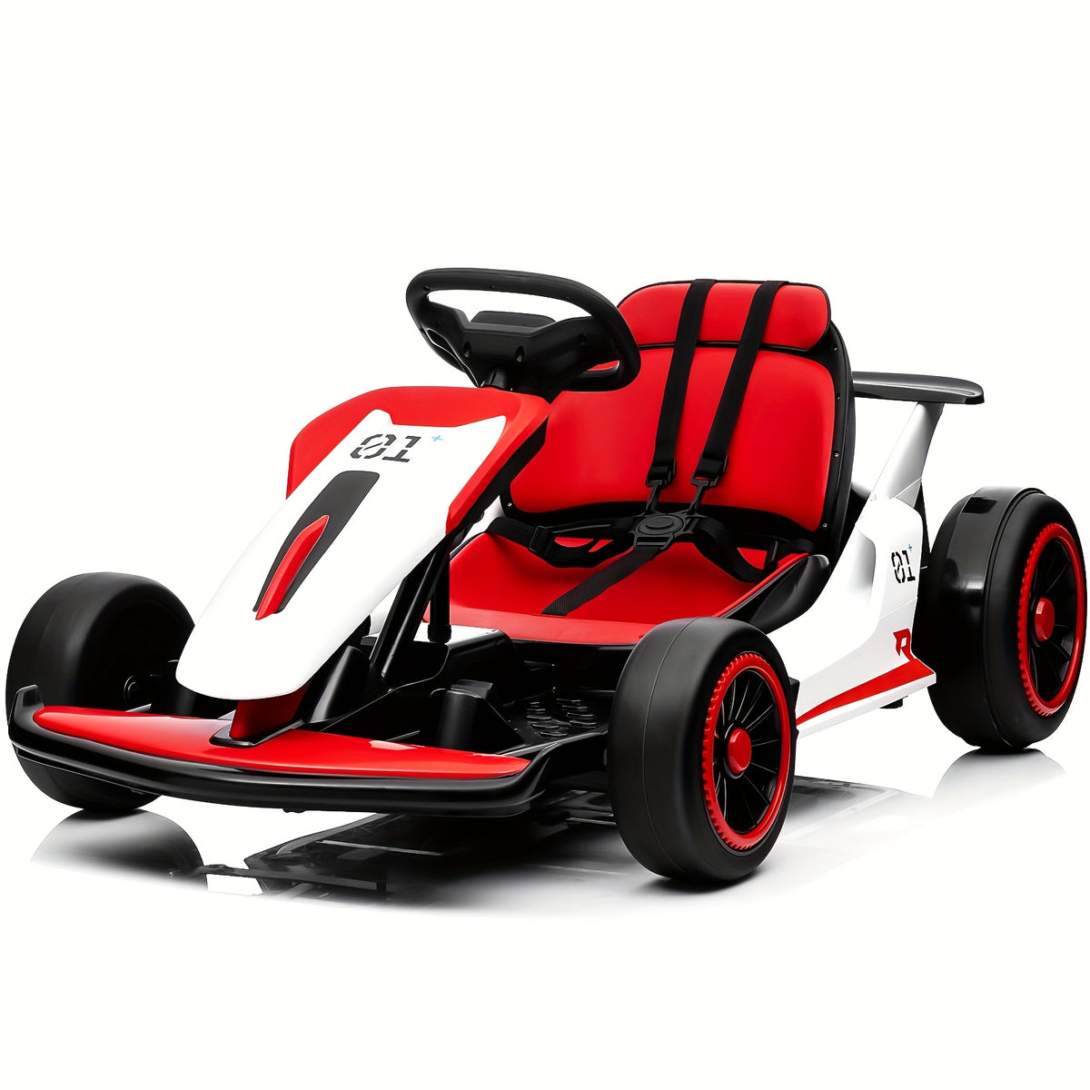 Kids Electric Ride-On Car with 4 PP Foam Tires, 110LBS Max Load, 5-Point Seat Belt, Music Mode & Dual Brake - Exciting Racing Experience for Ages 6+ (Red/Blue)
