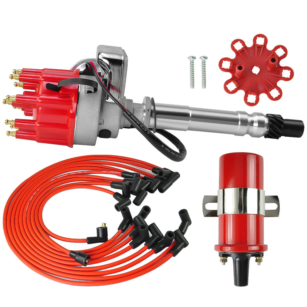 HEI Distributor Small Cap For Chevy 327 And 350 with Red Coil And 8.5Mm Wires Positioned Beneath The Exhaust