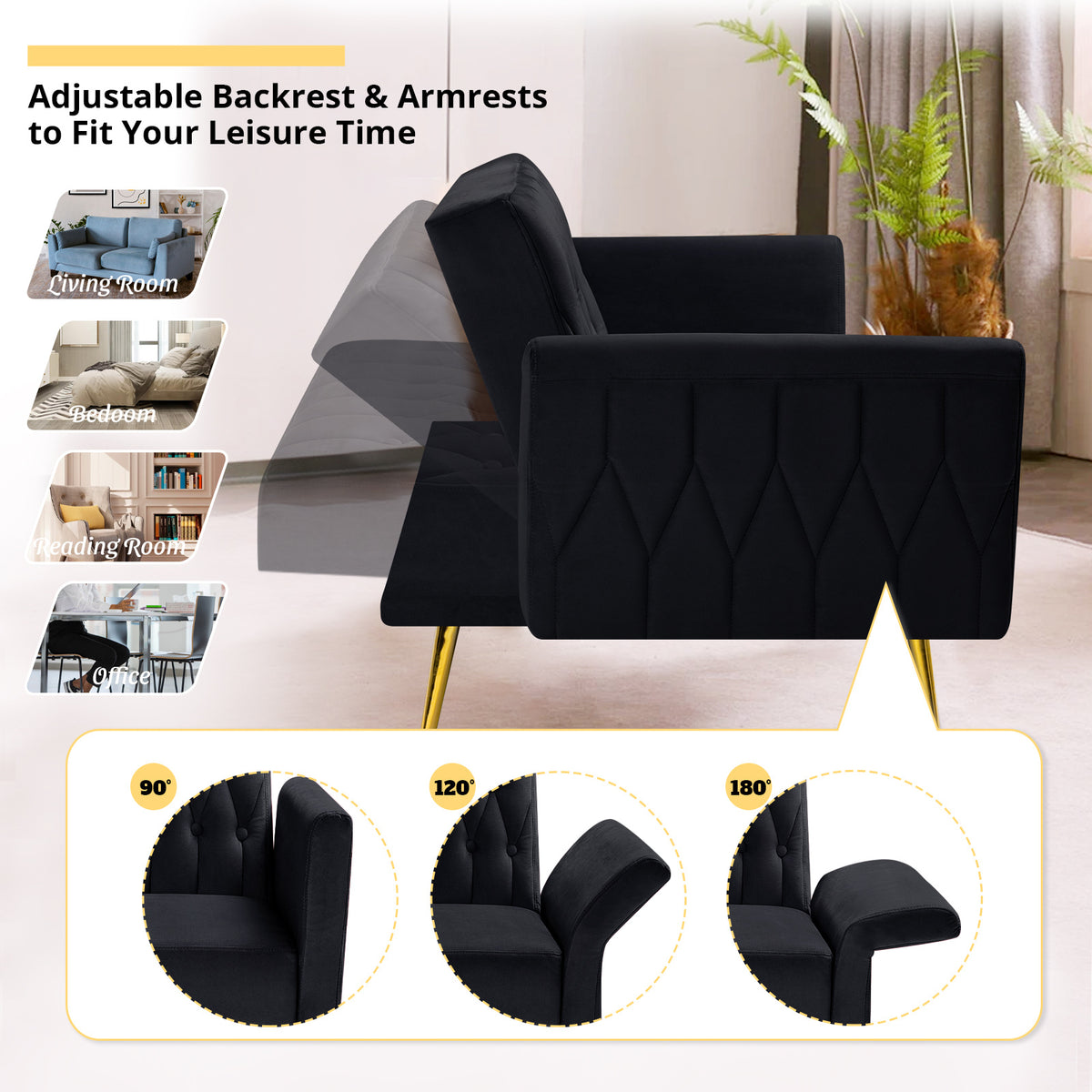 ACMEASE 31.5 Inch Velvet Adjustable Accent Chair with Ottoman & Pillow, Tufted Single Sofa Chair with Golden Metal Legs for Living Room
