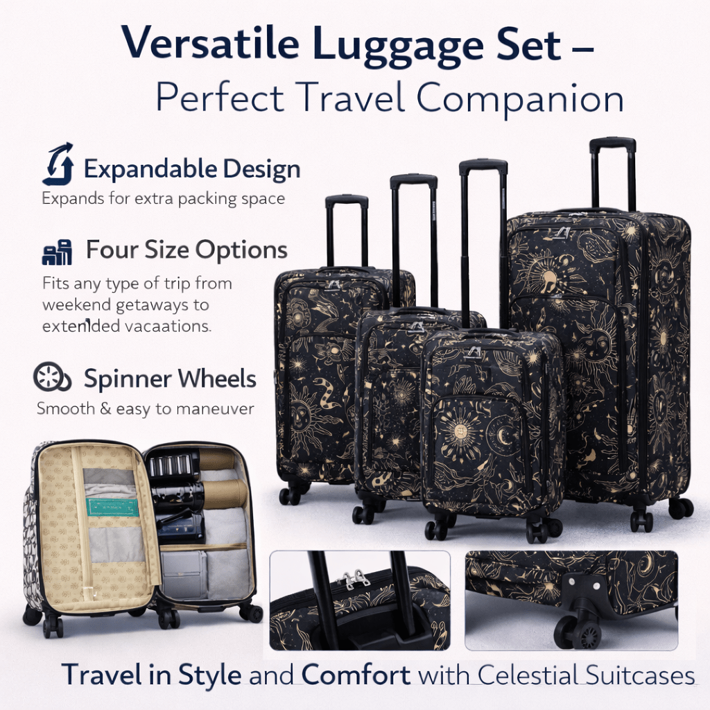 4-Piece Softside Spinner Luggage Set (20+24+28+32 inch) Lightweight Travel Suitcases with 360° Wheels, Telescopic Handle, Multi Pocket Design