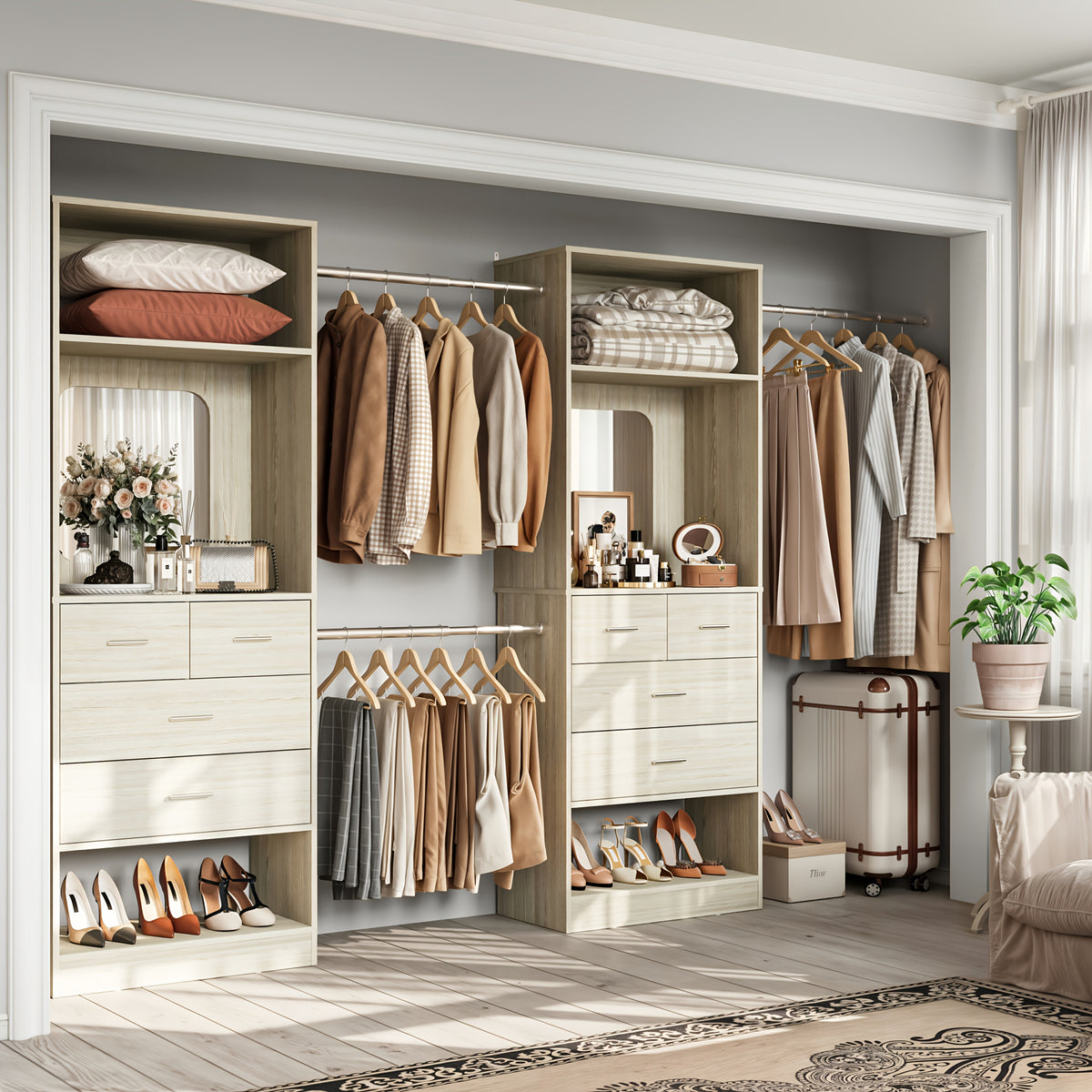 Unikito Closet Systems, 6-14ft Walk In Closet Organizer with 8 Drawers And Mirror, 168" Large Wood Closets Insert with Tower, Sturdy Wardrobe Closets Garment Rack with Extendable Hanging Rods, White