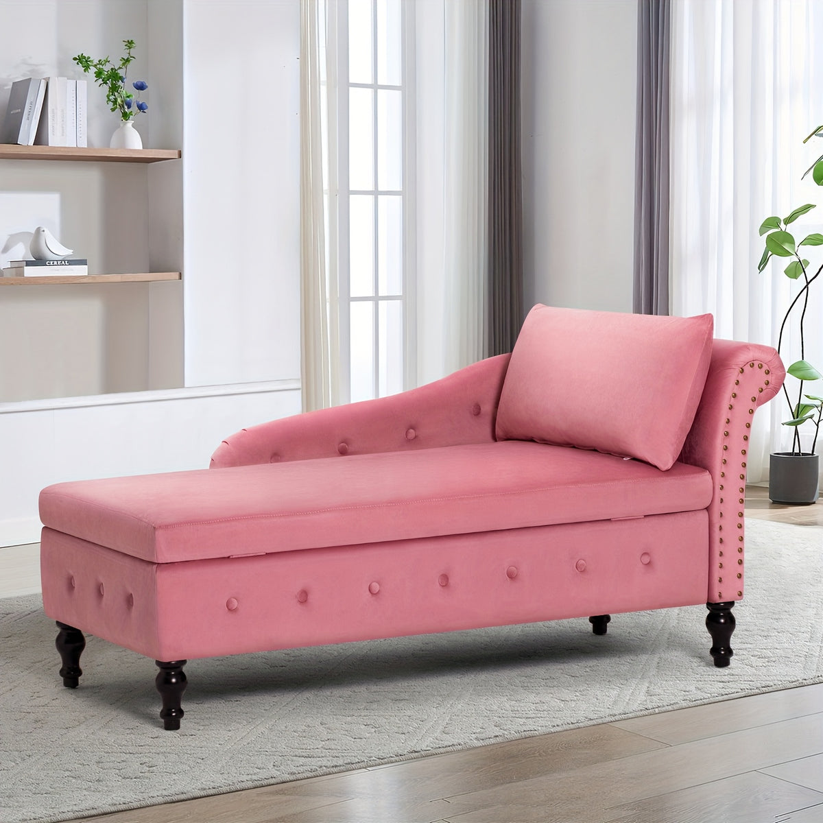 ACMEASE 57" Velvet Upholstered Storage Chaise Lounge With Pillow, Nailhead Trim Chaise Sofa For Living Room