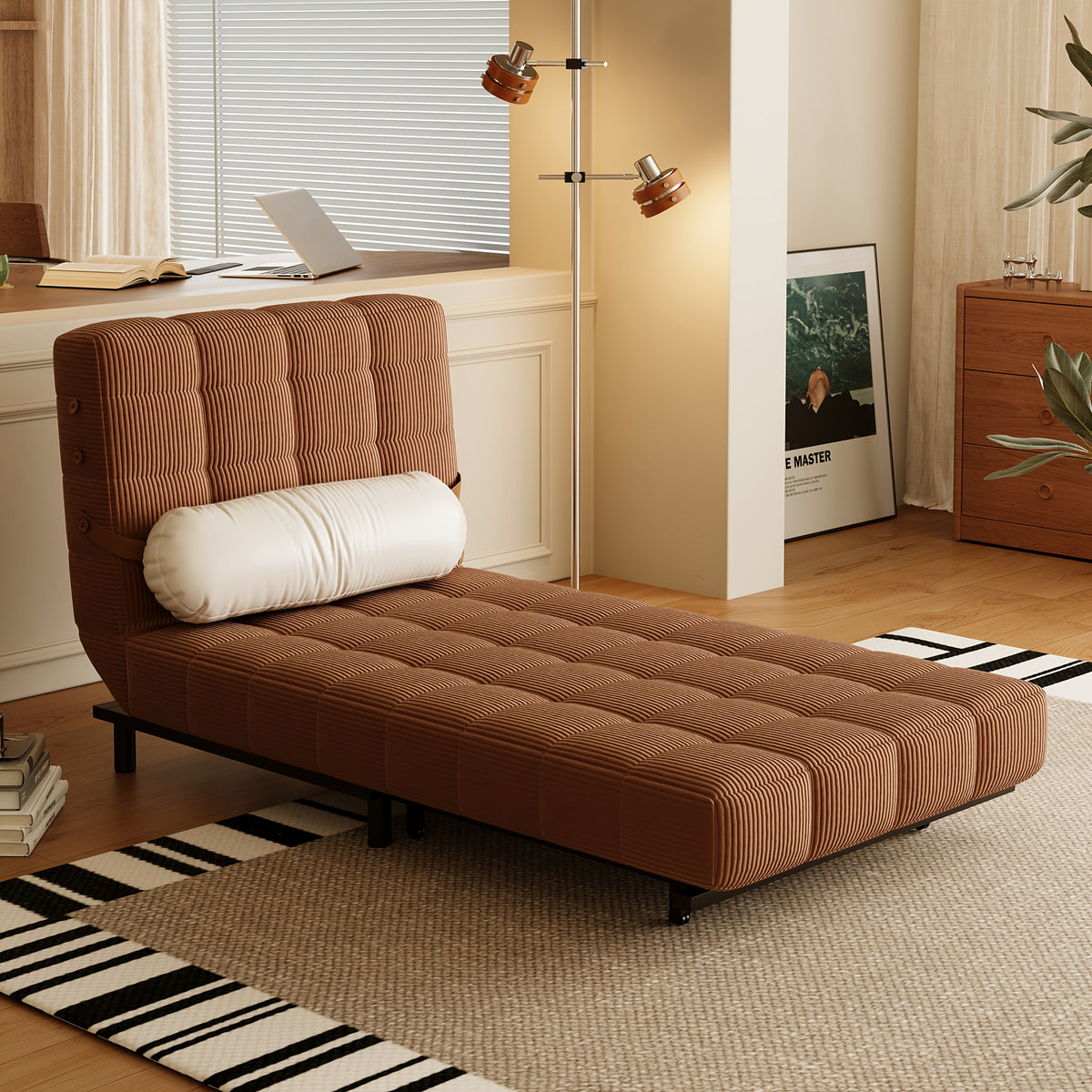 Convertible Single Sofa Bed | Foldable Chair Bed Sleeper with Adjustable Backrest & Pillow - Plush Corduroy Upholstery, Durable Metal Frame, Tufted Design for Living Room (Cream Beige/Brown)