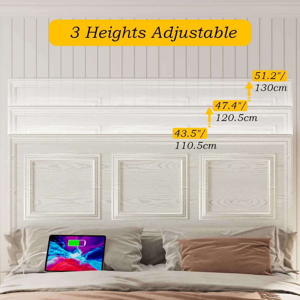 Platform Bed Frame with Headboard, Farmhouse Style, Height Adjustable, Brown and White