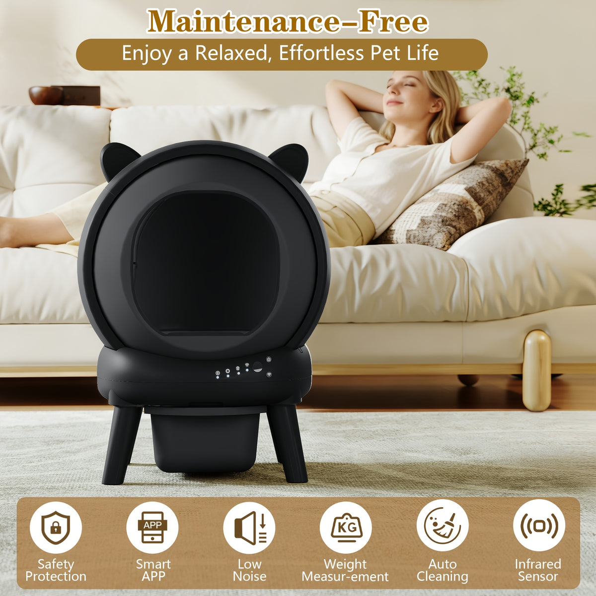 18.49gal Self Cleaning Litter Box, Automatic Cat Litter Box for Multi Cats, Auto Litter Box Robot with APP Control, Dual Safety Sensors, Odor Control&Low Noise, Cat Ears Design, Without Battery