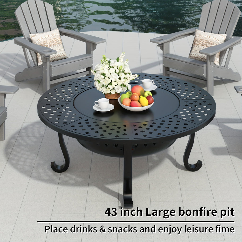 43 Inch Fire Pit with 2 Grills, Outdoor Wood Burning Firepit with Lid, Metal Round Table for Backyard Patio Garden Picnic Camping Bonfire