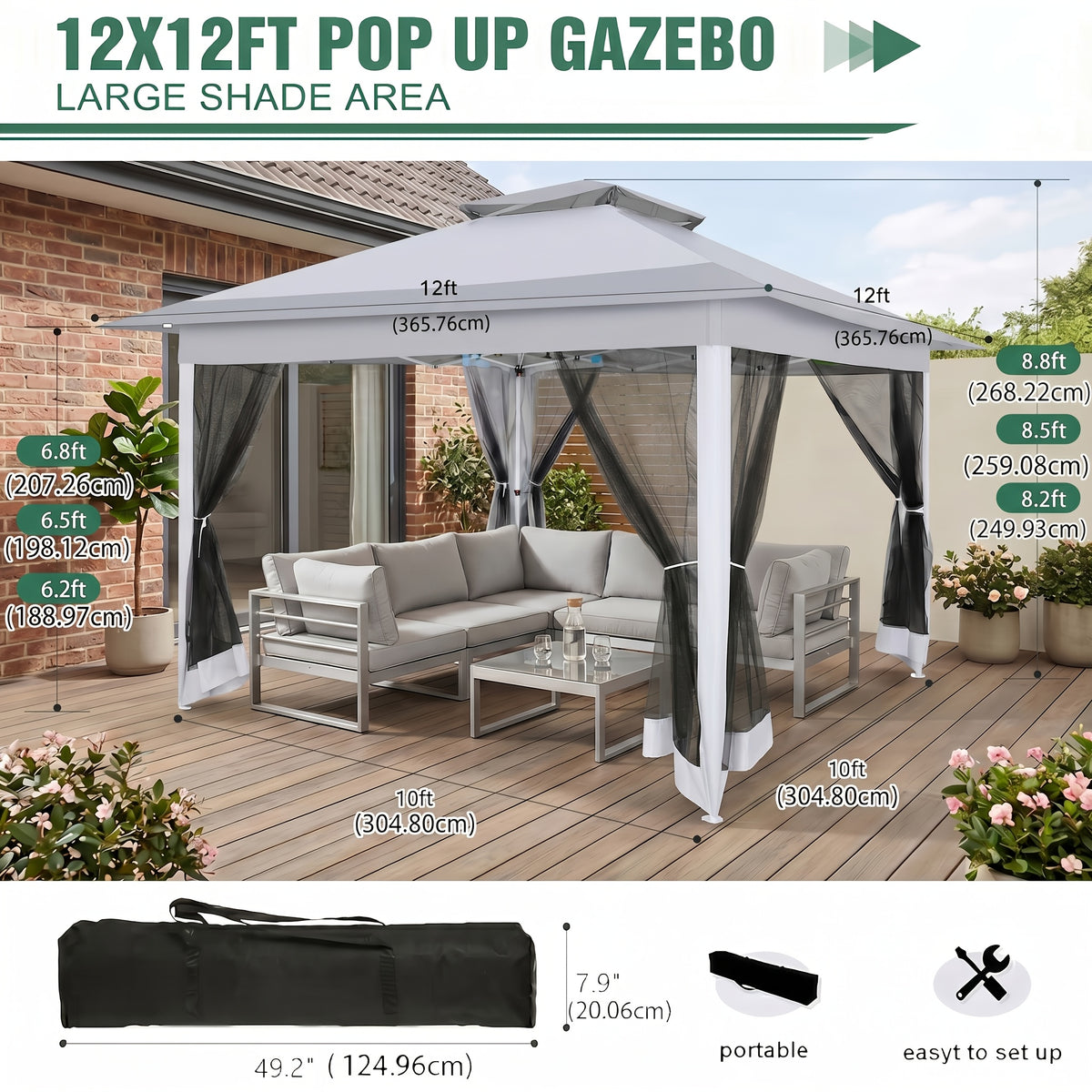 12x12ft/13x13ft Pop-Up Gazebo, Canopy with 4 Removable Mosquito Nets, Includes 4 Sandbags And Carry Bag, 3 Height Adjustments, Outdoor UV-Protective Gazebo, Easy to Carry And Set Up, Ideal for Gardens, Lawns, Parties, Camping, Fairs, Outdoor Events