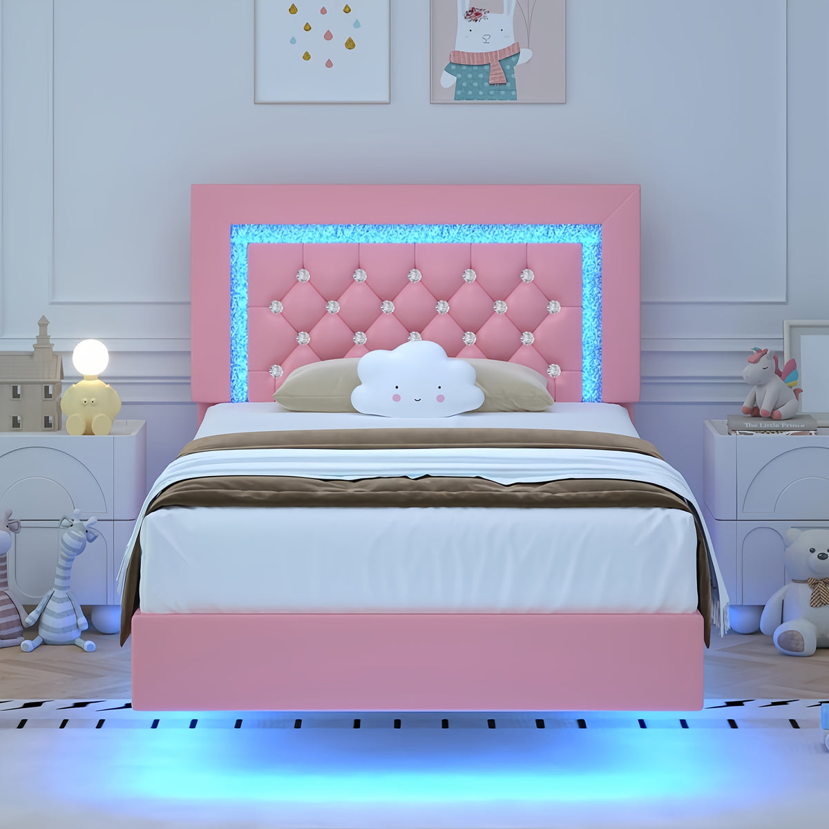 Twin Full Queen King Size Floating Bed Frame with LED Lights, Upholstered Platform Bed with Diamond Tufted Headboard, No Box Spring Needed, Noise Free, Easy Assembly, Black/Pink/White