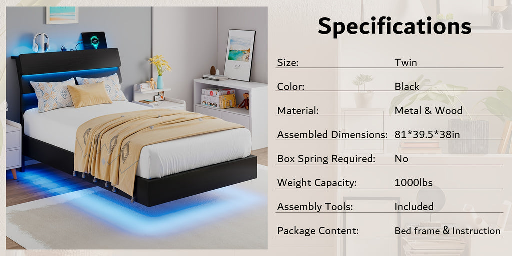 Valnase Floating Bed Frame with LED Lights & Charging Station, Platform Bed with Wooden Storage Headboard, Steel Slats Support, Easy Assembly
