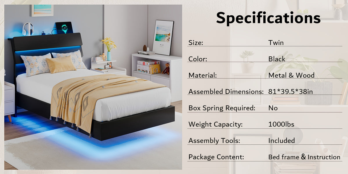 Valnase Floating Bed Frame with LED Lights & Charging Station, Platform Bed with Wooden Storage Headboard, Steel Slats Support, Easy Assembly