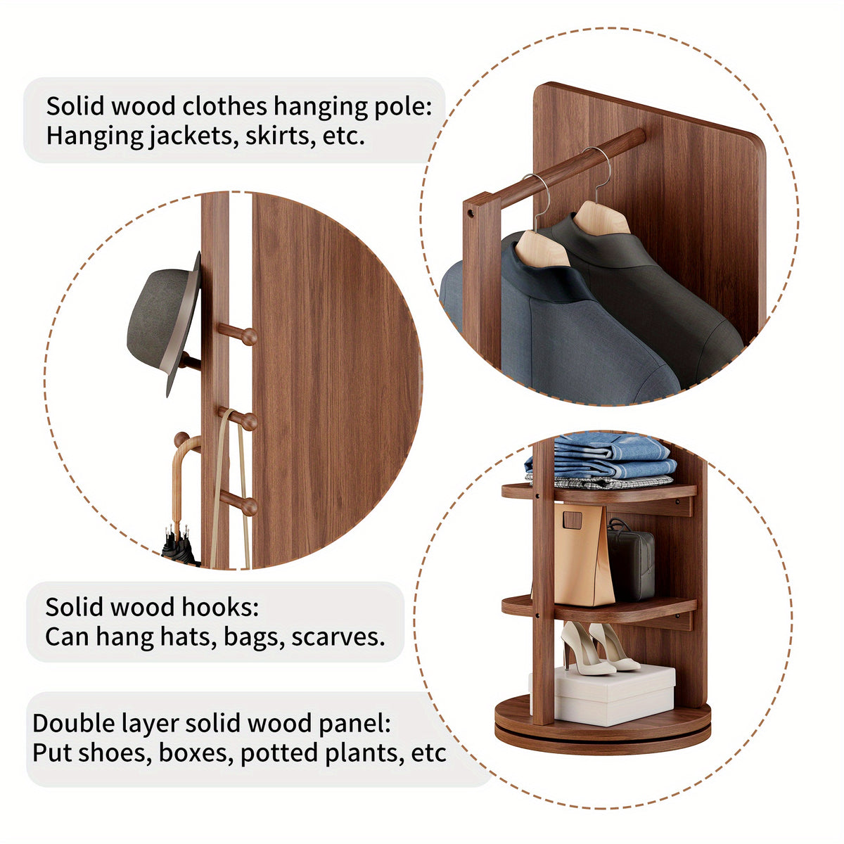 Full Length Mirror with Coat Rack & Storage, 360° Rotating Solid Wood Standing Floor Mirror with Shelves for Bedroom, Entryway, Dressing Room