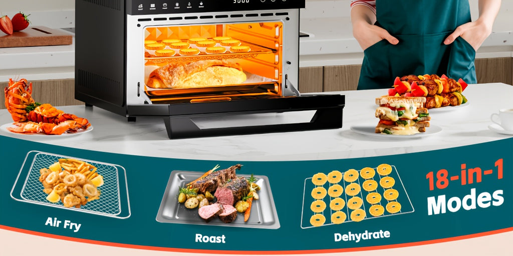 Extra Large 32-Quart Air Fryer, Digital Air Fryer Oven, and Toaster Oven Combo - 20-in-1 Countertop Convection Oven with 13" Pizza Pan, 7 Accessories, Clear Door, 1800W Dual Cooking, 360° Hot Air Circulation for Healthy Meals - Black. 86-450℉.
