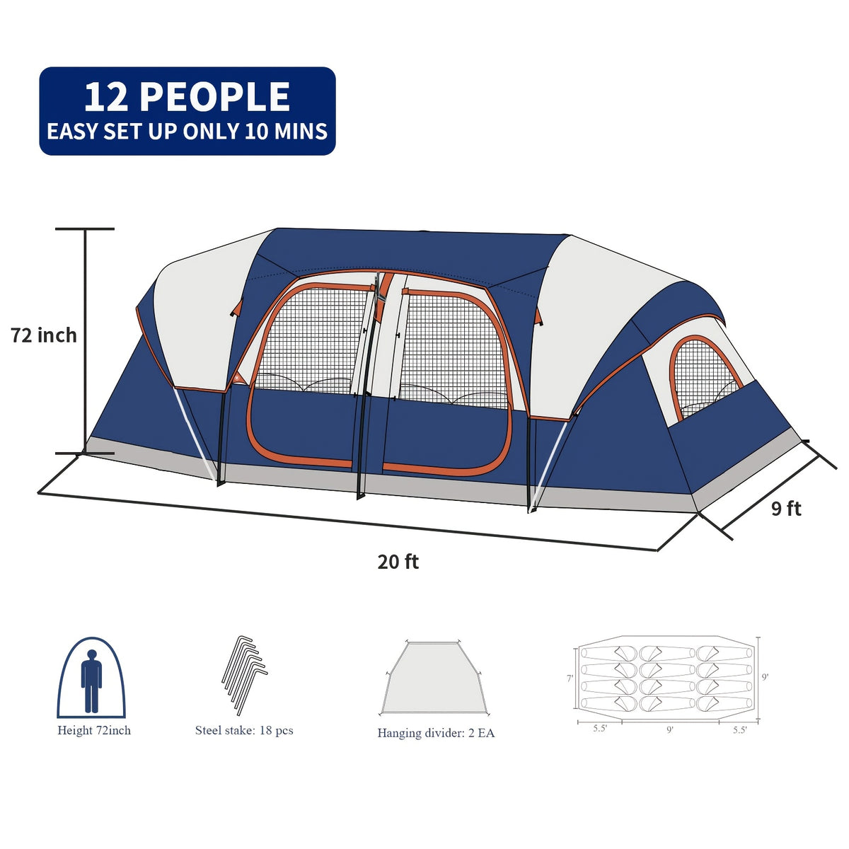 12-Person Camping Tent, Family Cabin Tent with 2/3 Rooms, Weatherproof, Features 6 Large Mesh Windows, Double Layer, Includes Dividing Curtain for Separate Rooms, Portable with Carry Bag