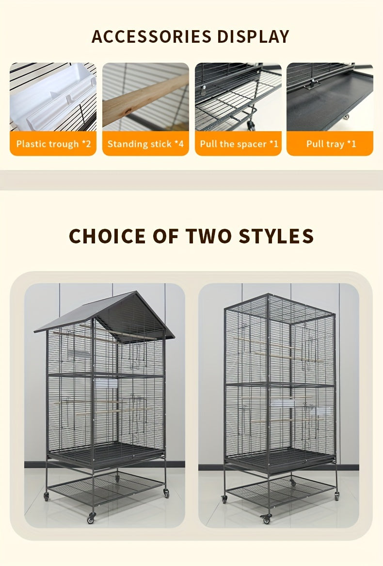 Luxury Villa Birdcage, Extra Large Parrot Cage with Wheels And Roof, Easy Assembly Bird Aviary for Macaw, Roosteratiel, Parakeet, Lovebird, Finch, with Horizontal Wire. Flight Cage Ideal for Breeders