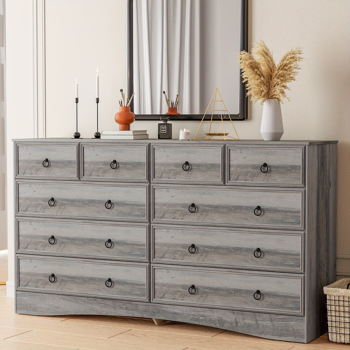 Prompt Taupe Grey/ Cherry Dresser For Bedroom, 10 Drawer Dresser, Modern Large Floor Storage Cabinet With Metal Sliding Rail, Vintage Handle Drawer Cabinet, Large Capacity Vertical Dressers For Home & Office