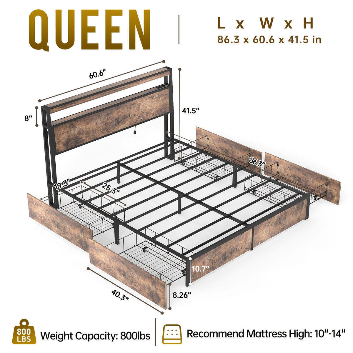 Full/Queen/King Size Bed Frame with 4 Storage Drawers, Metal Platform Bed with LED Lights & Charging Station, 2-Tier Wood Headboard, 800 LBS Capacity, Noise-Free, No Box Spring Needed, Vintage Brown Finish