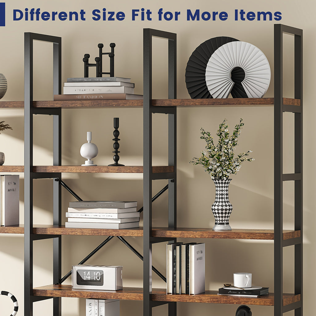 Industrial Bookcase, 71-Inch 5-Tier Triple-Wide Geometric Display Shelf for Home or Office
