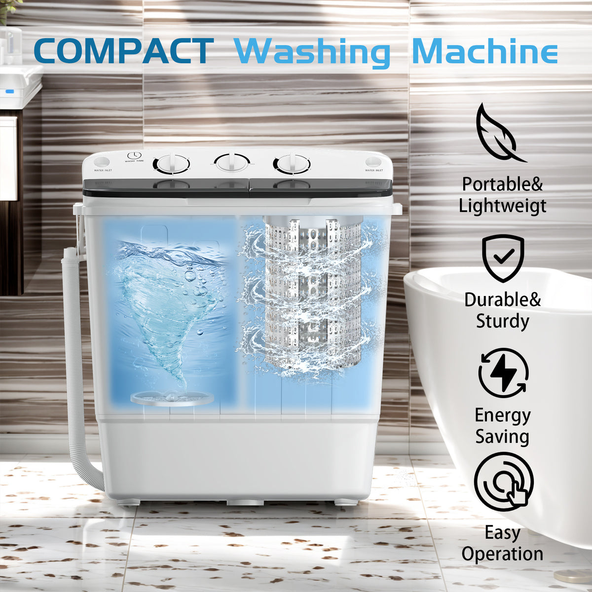 18Lbs Compact Mini Twin Tub Washing Machine with Drying Rack, 11Lbs Washer Mini Compact Laundry Machine And 7Lbs Spinner, 1300RPM, Convenient And Efficient for Dorms, Apartments
