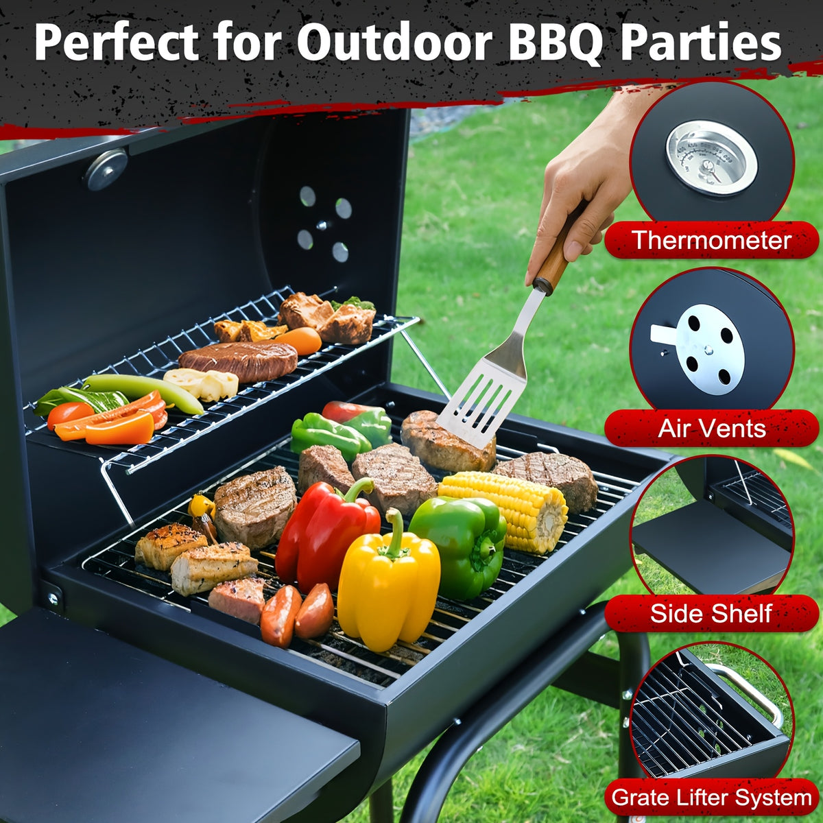 Charcoal BBQ Grills Outdoor - Barrel Charcoal Grill with Offset Smoker(Model: L)/ Outdoor BBQ Grill with Side Table(Model:M/XL-A/XL-C)for Backyard, Patio, Parties, Camping, Outdoor Cooking, Large Event Gathering, Black
