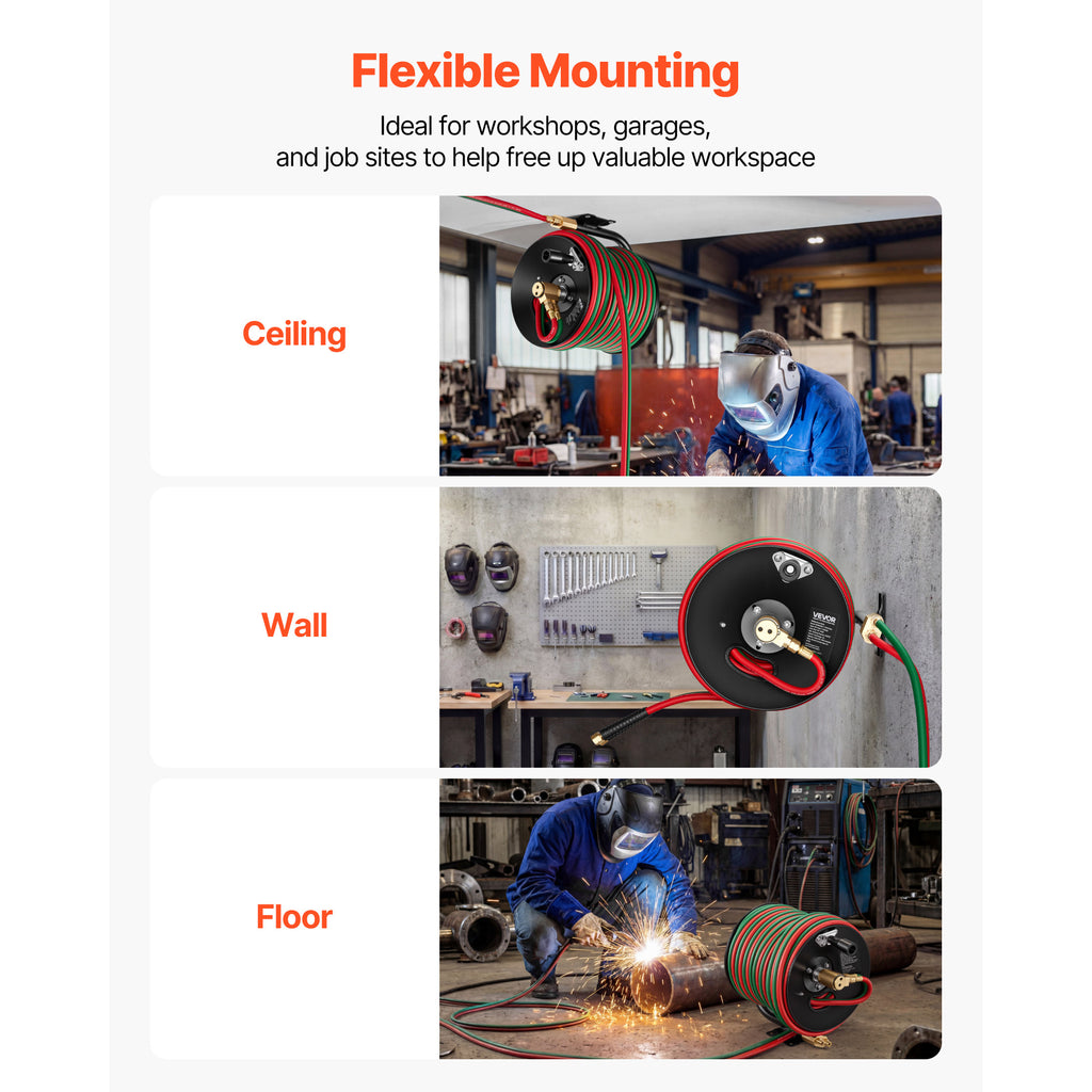 VEVOR Retractable Welding Hose Reel, Hand Crank Manual Rewind Hose Reel with 1/4 Inch x 100FT Twin Oxygen Acetylene Rubber Hose Max 300PSI - T Grade, Ceiling/Wall Mount Steel Reel for Workshop Garages