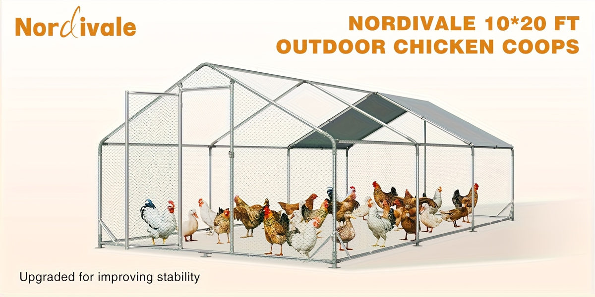 Nordivale Large Metal Chicken Coop with Winter Wrap Cover - 10x6.7x6.4ft/20x10x6.4ft Walk-in Chicken Run for Hens/Ducks/Rabbits, All-Weather Poultry Pen with Lock for Outdoor and Backyard, Farm, Duck Rabbit Cage Poultry Pen