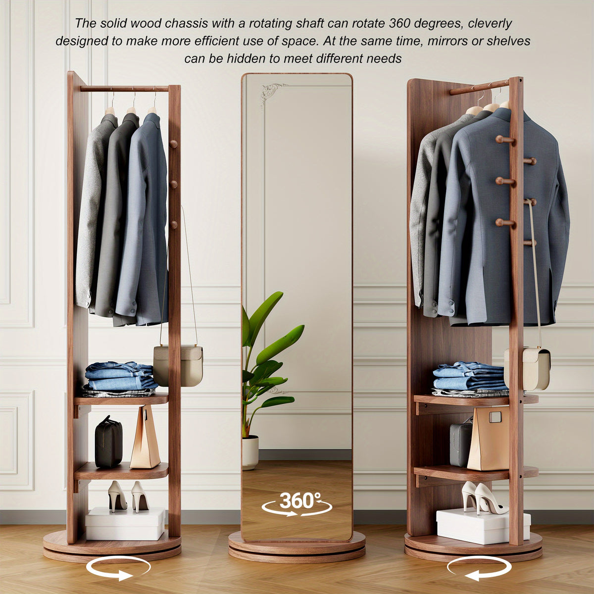 Full Length Mirror with Coat Rack & Storage, 360° Rotating Solid Wood Standing Floor Mirror with Shelves for Bedroom, Entryway, Dressing Room