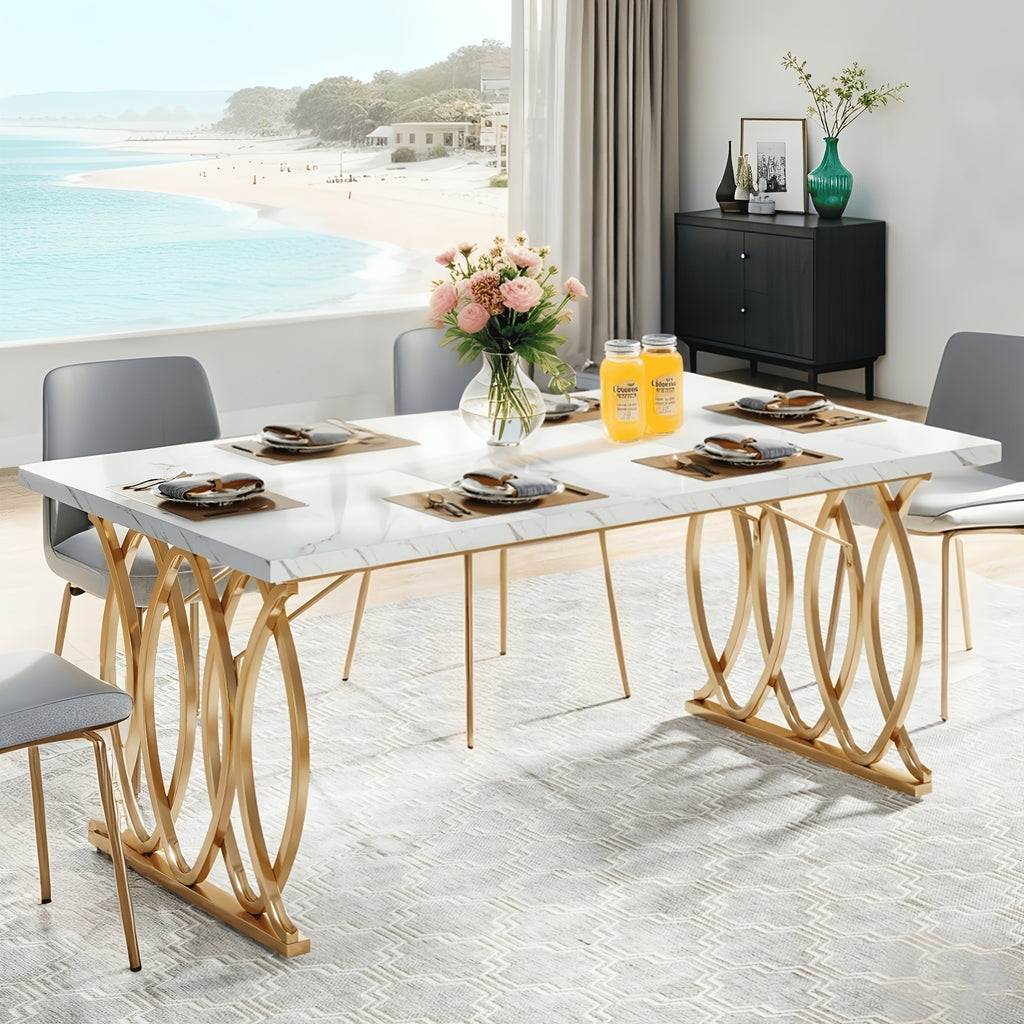 Modern Dining Table for 4-6 People, 63" Large Kitchen Table, Unique Rectangular Dinner Table, Dining Room Furniture with Faux Marble Tabletop And Geometric Legs