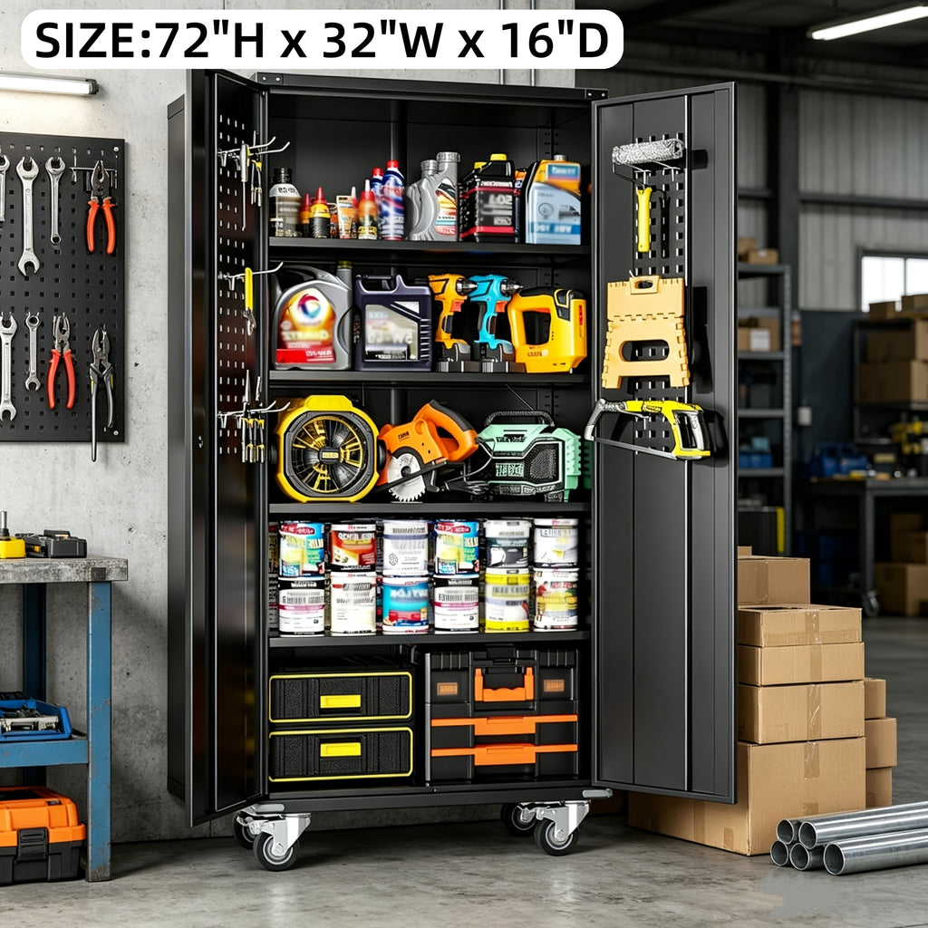 Metal Storage Cabinet with Wheels, Pegboards, Locking Doors And 4 Adjustable Shelves, 71"H/72"H/73"H Tool Cabinet for Garage, Home, Basement, Kitchen