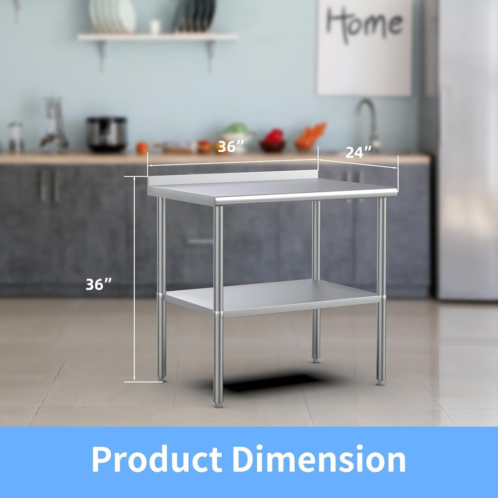 Stainless steel ready-made workbench, commercial heavy-duty workbench and workstation, suitable for metal dining tables in kitchens, restaurants, homes and hotels, with adjustable base frame and waterproof board