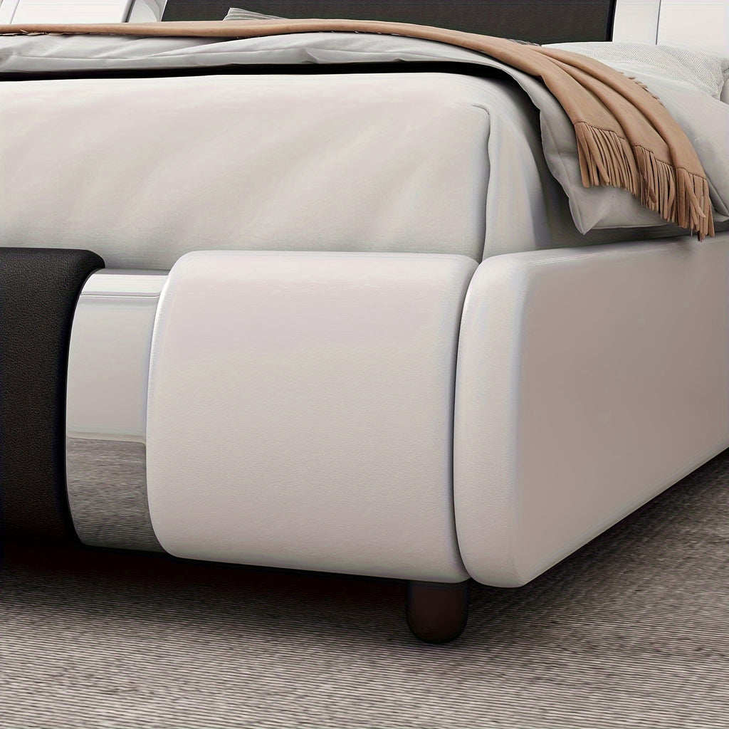 Contemporary Platform Bed Frame Made of Faux Leather, Featuring Iron Metal Accents, an Adjustable Headboard, And Wooden Slats for Support, Eliminating The Need for a Box Spring