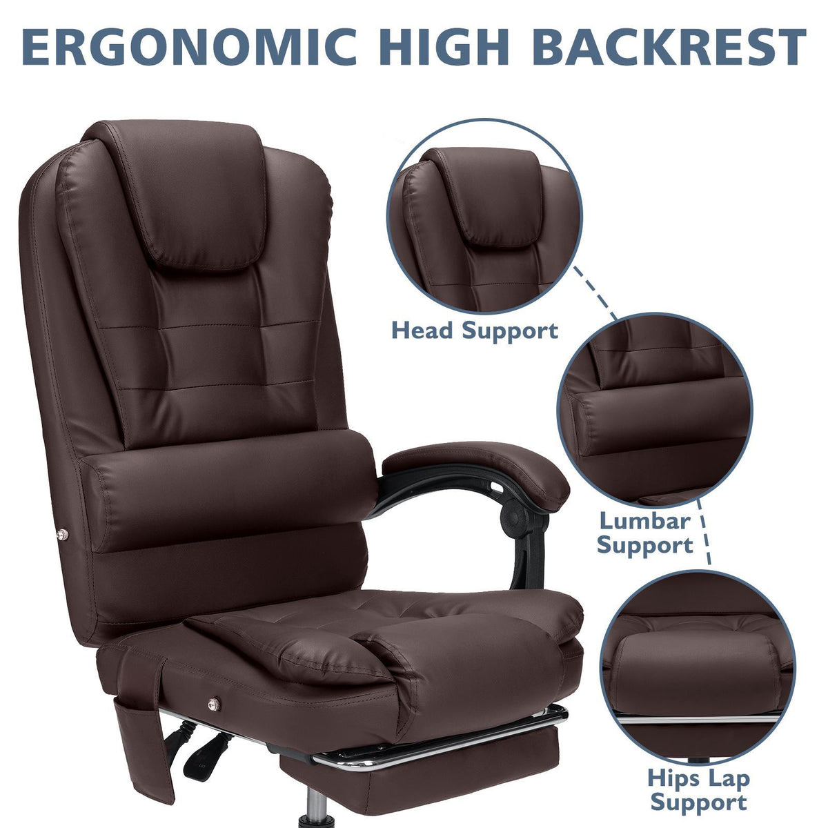 Office Chair Designed for Executives Featuring a 7-Point Massage System, Lumbar Support, And a Swivel Base. It Has a High Back Made of Leather And Includes a Reclining Footrest, Suitable for Home Office Use.