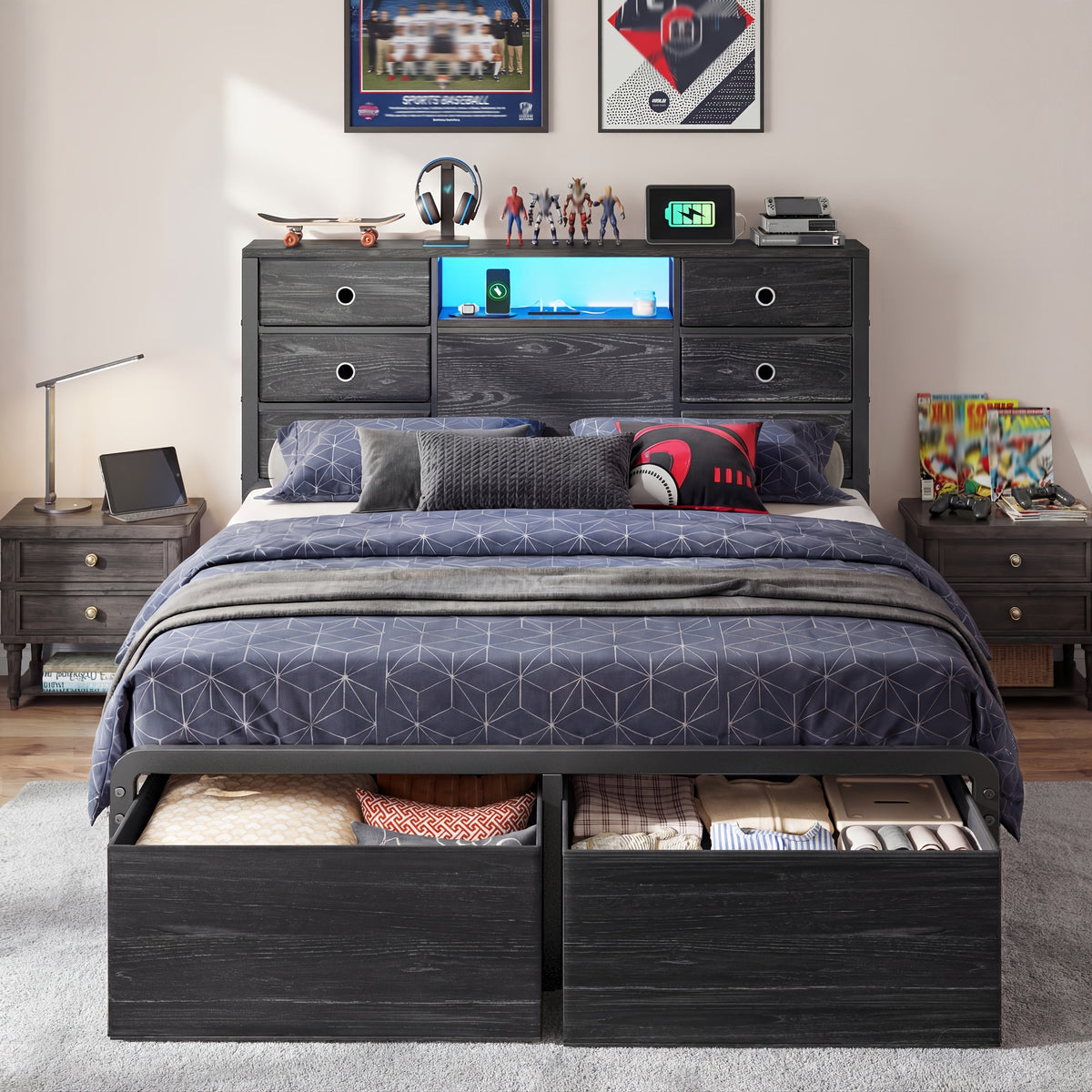 King/Queen/Full Size Storage Bed Frame With 8/9 Drawers & Headboard Storage, Strong Load-Bearing, Multi-Color LED & Power Outlet, Noiseless, Easy Assembly, Black & Tiger Brown